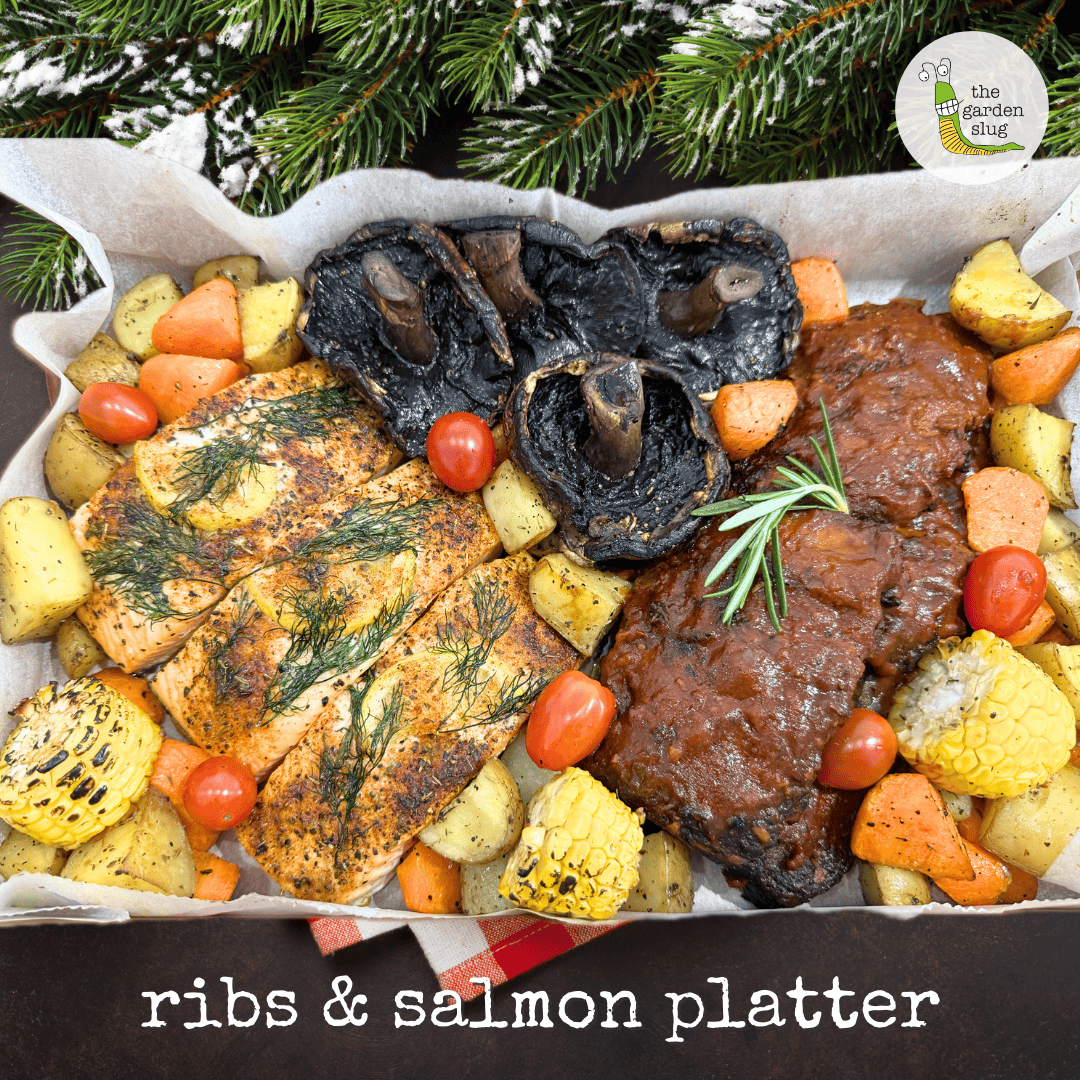 The Garden Slug Babyback Pork Ribs & Salmon Platter