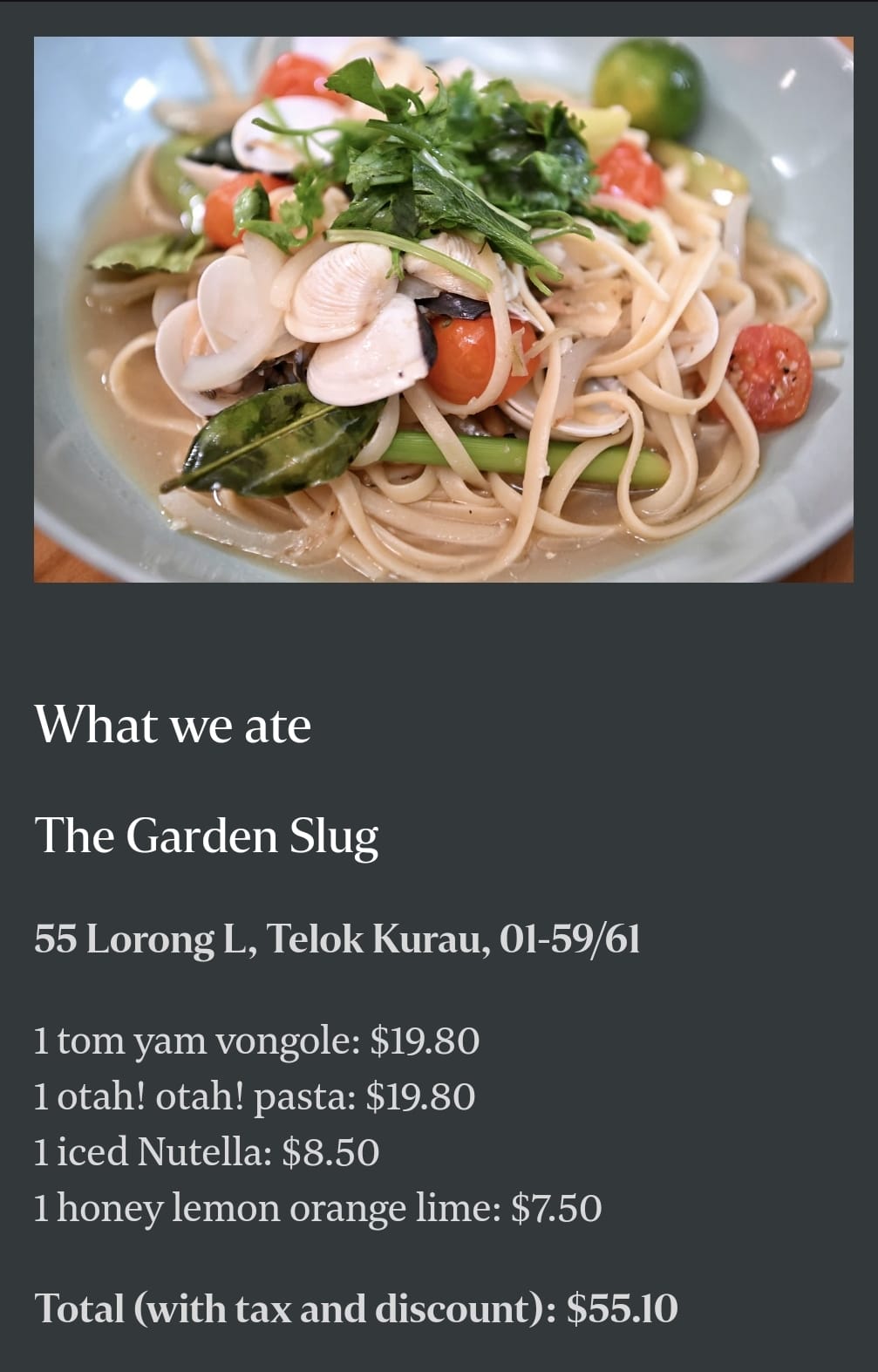 Edwin Tong orders Tom Yum Pasta Vongole at The Garden Slug